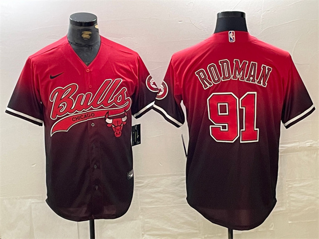 Men's Chicago Bulls #91 Dennis Rodman Red/Black Cool Base Stitched Baseball Jersey Men's Chicago Bulls #91 Dennis Rodman Red/Black Cool Base Stitched Baseball Jersey